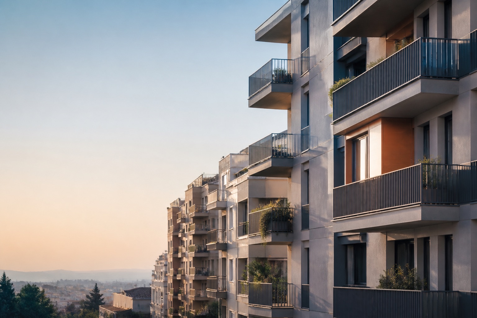 Edificios residenciales urbanos al amanecer